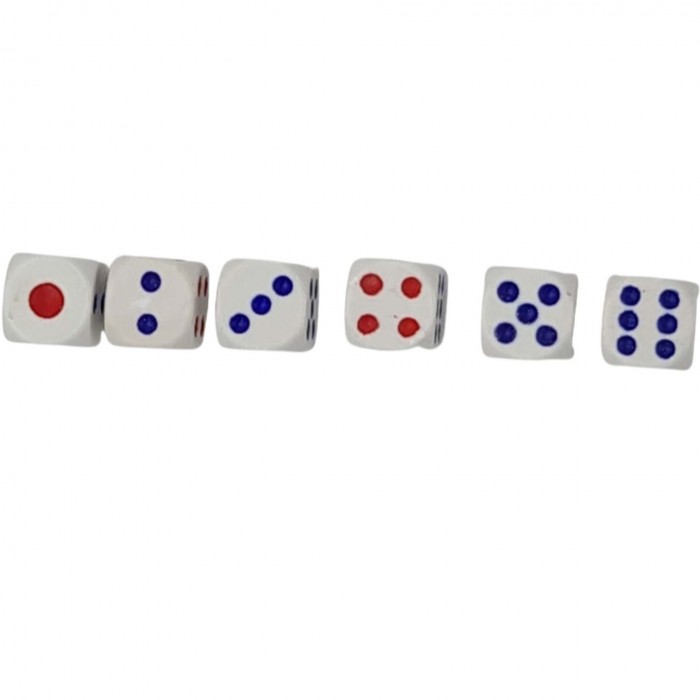            6 zaruri, 12 mm, albe cu puncte albastre si rosii
         