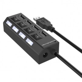 USB hub, 4 porttal, 4 gombbal, 4 LED-del, 11 x 3 x 4 cm, fekete