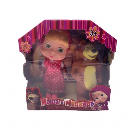 Jucarie Papusi Masha si Ursul, Masha cu Scufita rosie cu Buline Albe , Ursul, Plastic, 15 cm