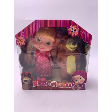 Jucarie Papusi Masha si Ursul, Masha cu Scufita rosie cu Buline Albe , Ursul, Plastic, 15 cm