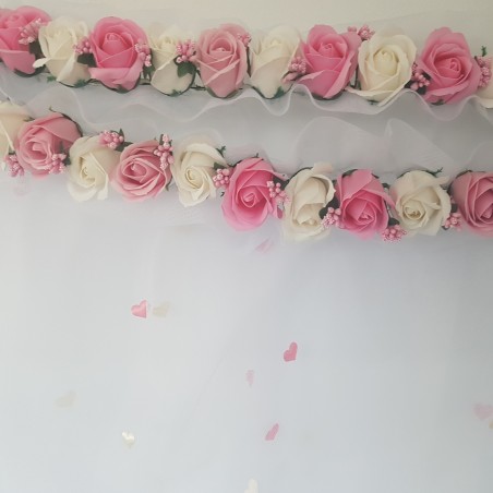 Tul pentru decor cristelnita, trandafiri sapun roz si albi, 230 cm