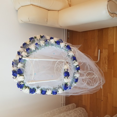 Tul pentru decor cristelnita, trandafiri sapun albastrii si albi, 260 cm