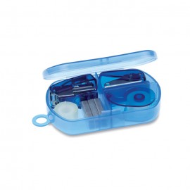 Set papetarie, Mini Perforator, Banda Adeziva si Capsator cu 300 capse, Cutie Transparenta, Albastru, 9,5X6X2 cm