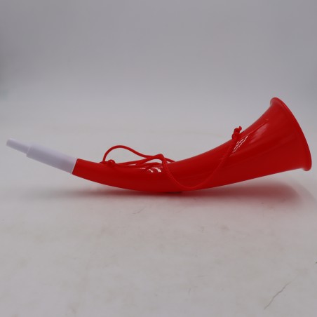 Csavart kürt, vuvuzela, kukorica formájú, bulikhoz, rendezvényekhez, piros, fehér csúccsal, 27 cm