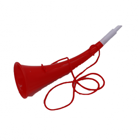 Csavart kürt, vuvuzela, kukorica formájú, bulikhoz, rendezvényekhez, piros, fehér csúccsal, 27 cm