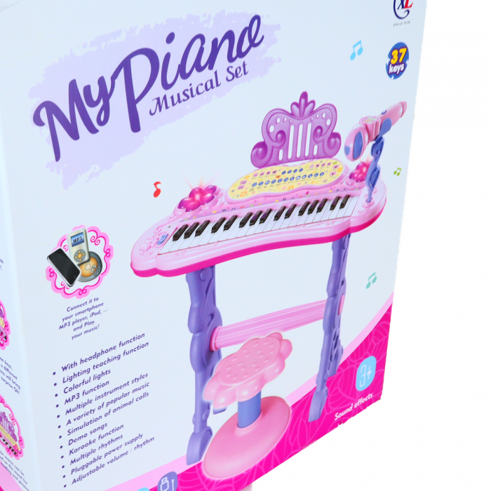            Pian de Jucarie, MP3, Lumini, Functie Touch, Karaoke, Cablu Incarcare, Scaun, 50 cm, Multicolor
         