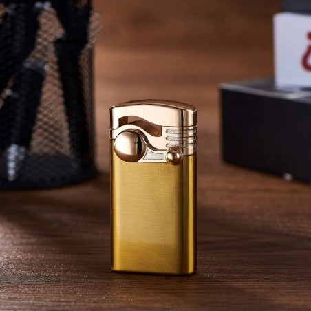 Bricheta metalica cu gaz, antivant, model flip, reincarcabila, aurie, cutie, personalizata