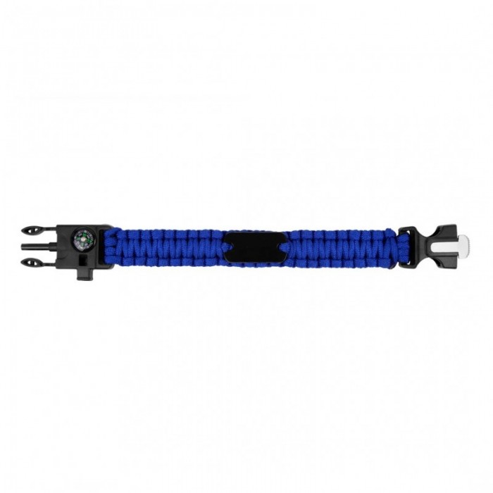            Kültéri túlélő karkötő, army típusú, 5 az 1-ben, paracord, iránytű, síp, kés, kovakő, kék, 26 cm
         