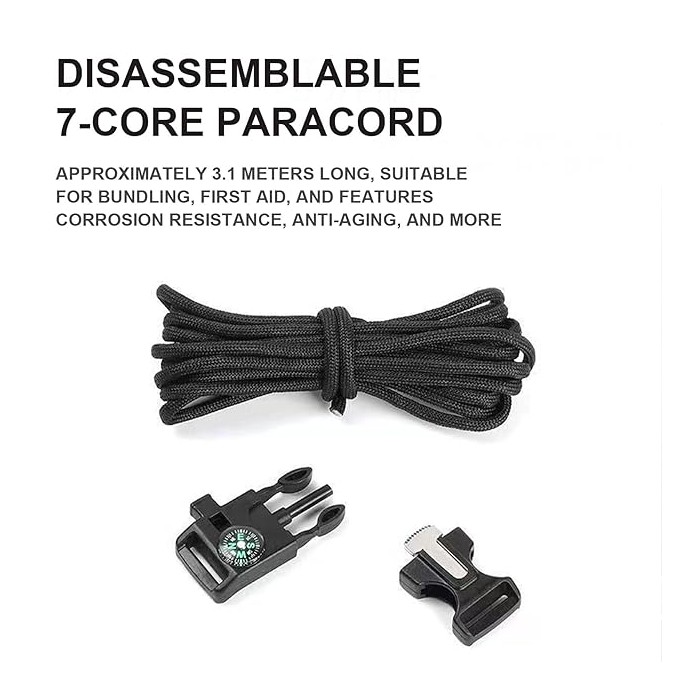            Kültéri túlélő karkötő, army stílusú, 5 az 1-ben, paracord, iránytű, síp, kés, tűzszerszám, fekete, 26 cm
         