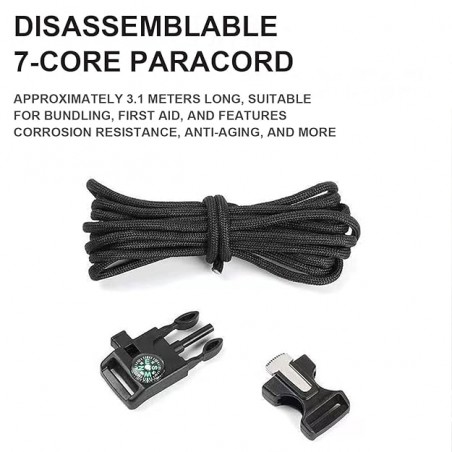 Kültéri túlélő karkötő, army stílusú, 5 az 1-ben, paracord, iránytű, síp, kés, tűzszerszám, fekete, 26 cm