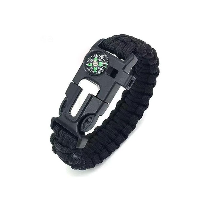            Kültéri túlélő karkötő, army stílusú, 5 az 1-ben, paracord, iránytű, síp, kés, tűzszerszám, fekete, 26 cm
         