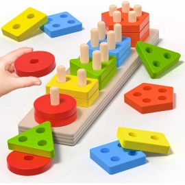Flippy oktató játék, Montessori típusú, fából, geometriai formákkal, 20 darab, 6x26 cm
