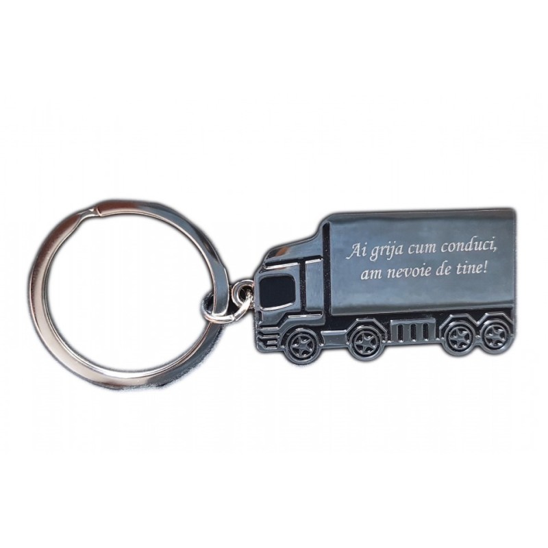            Breloc personalizat metalic in forma de TIR. camion gravat Ai grija cum conduci. am nevoide de tine
         
