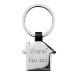 Breloc metalic gravat personalizat cu textul tau. casa. 6x3 cm. argintiu