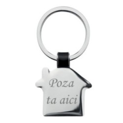 Breloc metalic gravat personalizat cu poza si textul tau. casa. 6x3 cm. argintiu