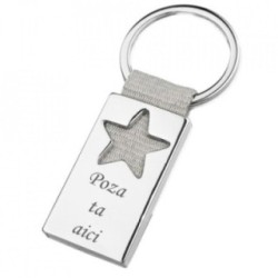 Breloc metalic gravat personalizat cu poza si textul tau. stea. 45x25 mm. argintiu