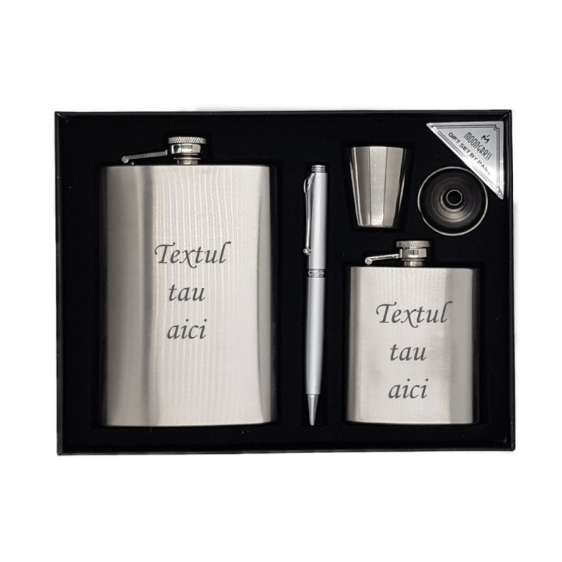            Set 2 sticle metal otel inoxidabil gravate personalizate cu textul tau. pahar si pix
         