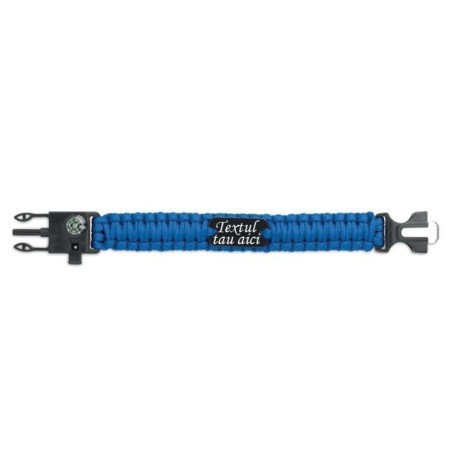 Bratara de supravietuire personalizata cu textul tau . tip army. 5 in 1. paracord. busola . fluier. cutit. cremene. albastru
