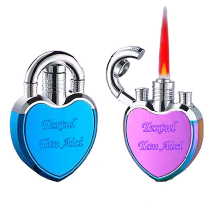 Bricheta Metalica in Forma de Inima, Personalizata cu Textul Tau, Antivant, Reincarcabila cu Gaz, Fade, 6 cm