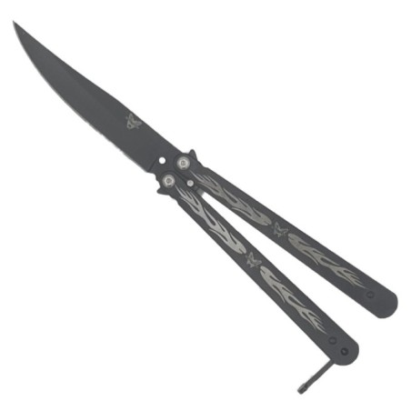 Pillangókés élezett pengével, 22 cm, fekete lángokkal