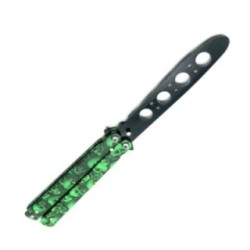Pillangókés Butterfly, Balisong 22 cm, zöld, koponyák, élszél nélkül, edzéshez