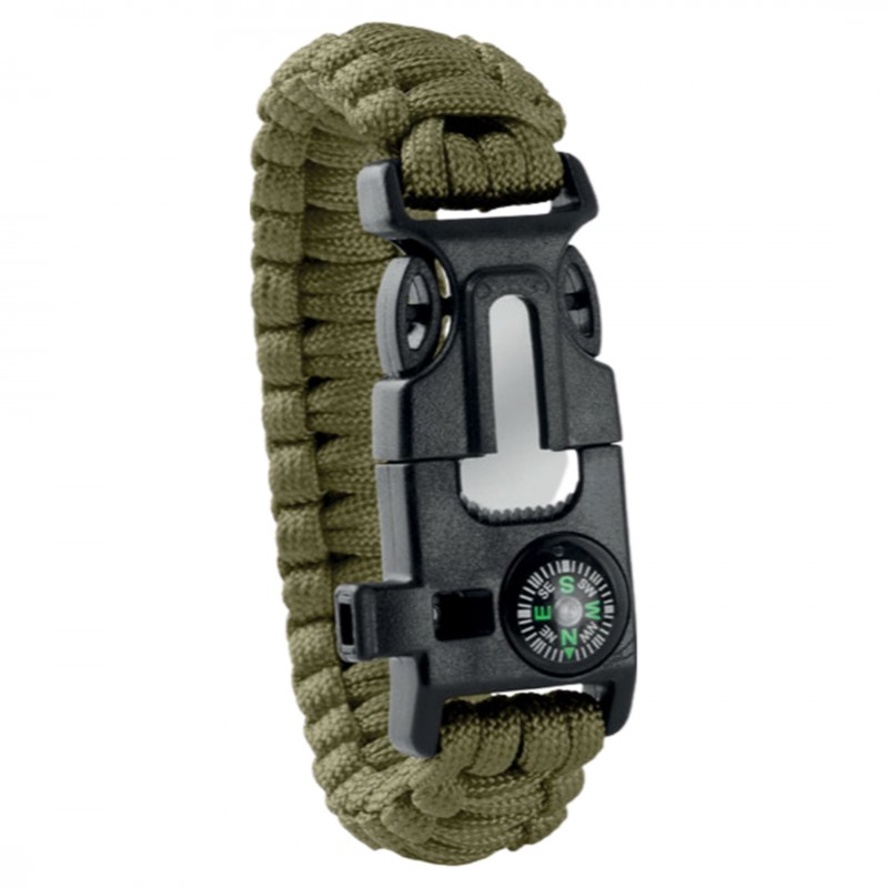            Kültéri túlélő karkötő, army típusú, 5 az 1-ben, paracord, iránytű, síp, kés, kovakő, zöld
         