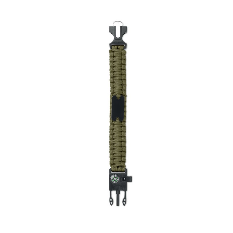            Kültéri túlélő karkötő, army típusú, 5 az 1-ben, paracord, iránytű, síp, kés, kovakő, zöld
         