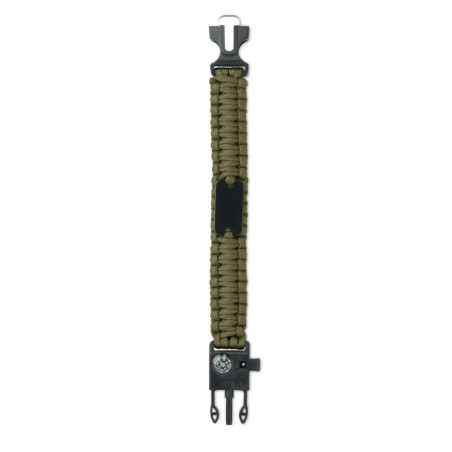 Kültéri túlélő karkötő, army típusú, 5 az 1-ben, paracord, iránytű, síp, kés, kovakő, zöld