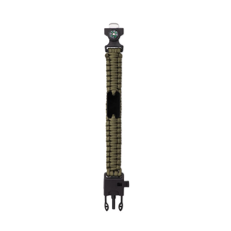            Kültéri túlélő karkötő, army típusú, 5 az 1-ben, paracord, iránytű, síp, kés, kovakő, zöld
         