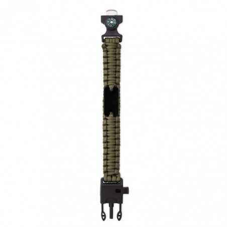 Kültéri túlélő karkötő, army típusú, 5 az 1-ben, paracord, iránytű, síp, kés, kovakő, zöld