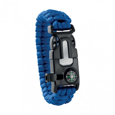 Kültéri túlélő karkötő, army típusú, 5 az 1-ben, paracord, iránytű, síp, kés, tűzcsiholó, kék