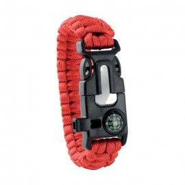 Kültéri túlélő karkötő, army típusú, 5 az 1-ben, paracord, iránytű, síp, kés, tűzkő, piros