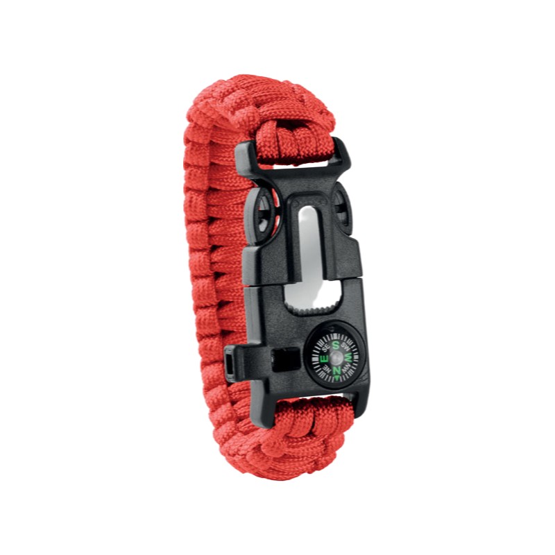            Kültéri túlélő karkötő, army típusú, 5 az 1-ben, paracord, iránytű, síp, kés, tűzkő, piros
         
