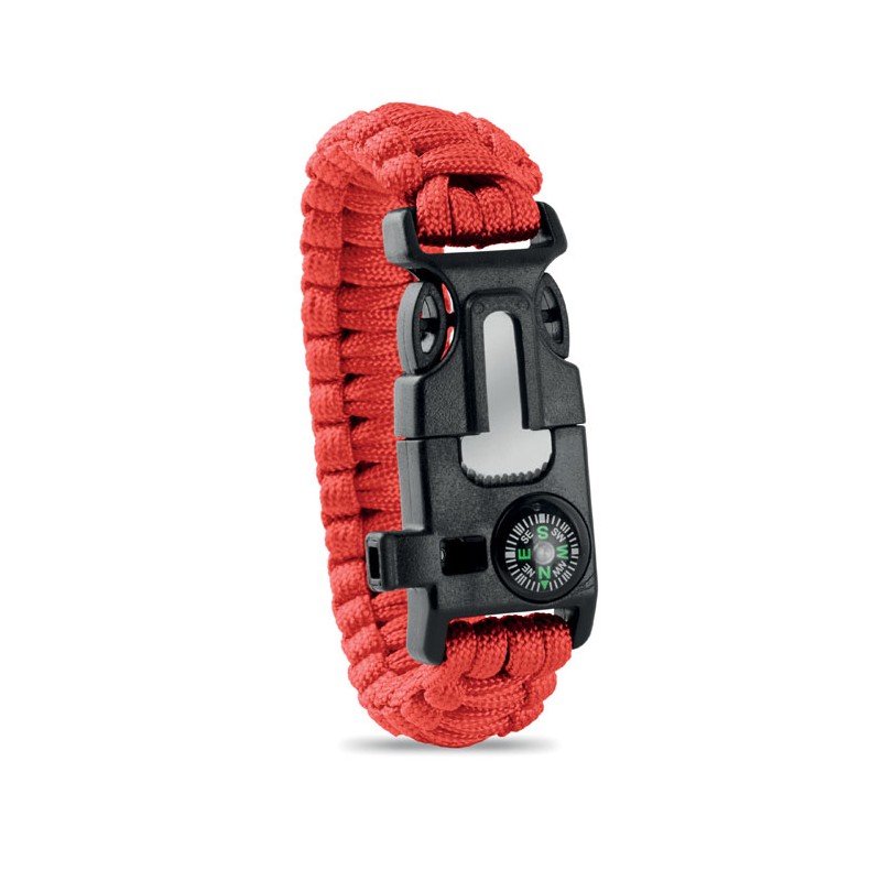            Kültéri túlélő karkötő, army típusú, 5 az 1-ben, paracord, iránytű, síp, kés, tűzkő, piros
         