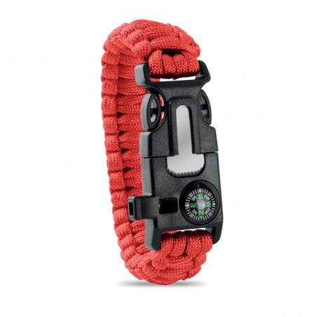 Kültéri túlélő karkötő, army típusú, 5 az 1-ben, paracord, iránytű, síp, kés, tűzkő, piros