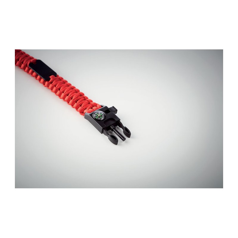            Kültéri túlélő karkötő, army típusú, 5 az 1-ben, paracord, iránytű, síp, kés, tűzkő, piros
         