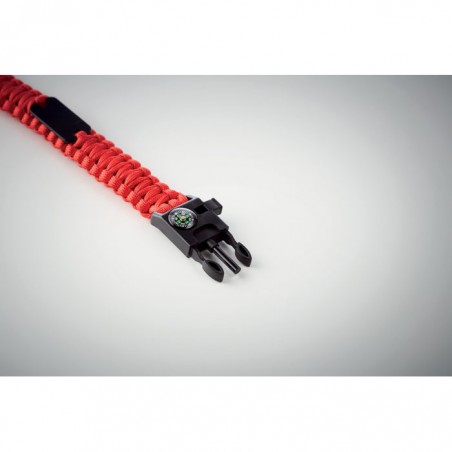 Kültéri túlélő karkötő, army típusú, 5 az 1-ben, paracord, iránytű, síp, kés, tűzkő, piros