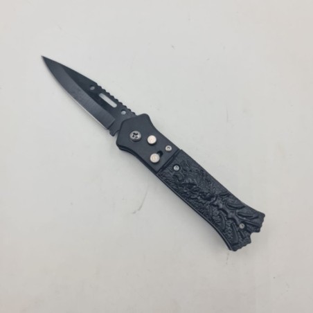 Öngyújtó kés, automatikus nyitás, övcsipesz, acél, fekete, 16 cm