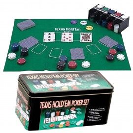 200 zsetonos pókerszett fémdobozban, dealer gombbal, 4 színű zsetonokkal 1, 5, 10 és 25 értékben, játékkártyákkal