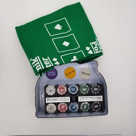 Poker Texas Holden negru 200 jetoane, 2 carti, covoras, 3 butoane, cutie