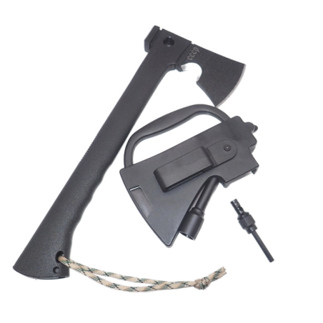 Topor de Supravietuire Profesional 3 in 1, Teaca, Cutit, Fluier Incorporat, Negru