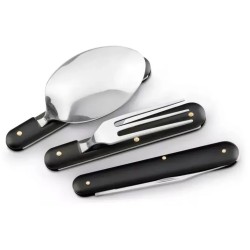 3 darabos összecsukható evőeszköz készlet, kanál, villa, kés, rozsdamentes acél, 17 cm, fekete, tok