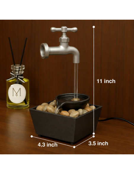 Fantana Decorativa de Interior cu Robinet Argintiu, Efect Apa Curenta, Lampa Ambientala LED, Modern cu Pietre