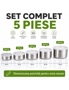 Set 5 Caserole Alimentare din Inox cu Capace, Reutilizabile, pentru Frigider si Bucatarie