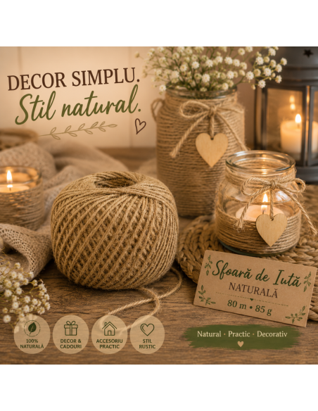 Sfoară de Iută Naturală 80 m, 85 g, pentru Grădinărit, Handmade, Decorațiuni DIY și Ambalaje Cadouri