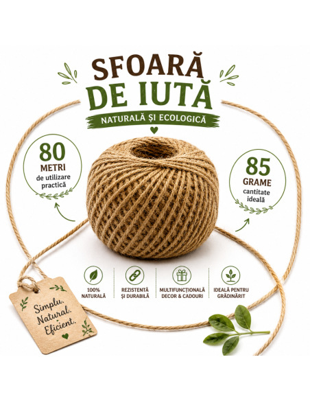 Sfoară de Iută Naturală 80 m, 85 g, pentru Grădinărit, Handmade, Decorațiuni DIY și Ambalaje Cadouri