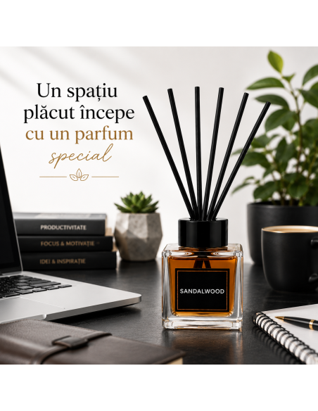 Parfum de Cameră Odorizant Elegant pentru Casă, Baie și Birou, Difuzor Aromaterapie cu Bețișoare Sandalwood 100 ml