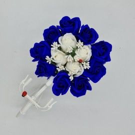 Aranjament floral trandafiri "Bicicleta cu flori zambarete", flori de sapun, albastru cu alb, 30x17x15 cm 2